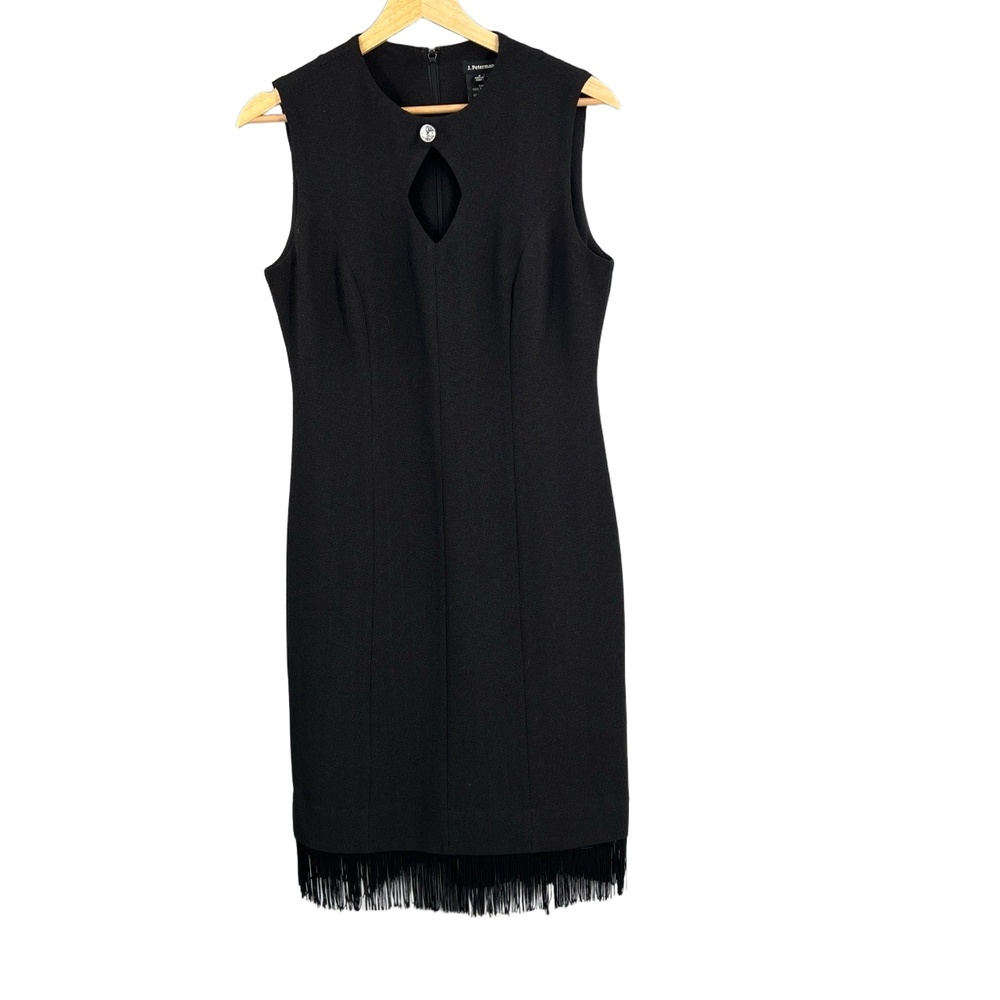 J.‎ Peterman Dress Black Fringe Hem Sleeveless Sheath Size 8 Keyhole Neckline
